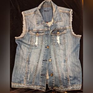 Kut from the Kloth denim vest L pockets distressed blue jean western biker Boho